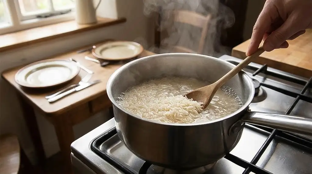 مرحله جوشاندن برنج در قابلمه سایز متوسط برای طرز تهیه برنج آبکش دونفره