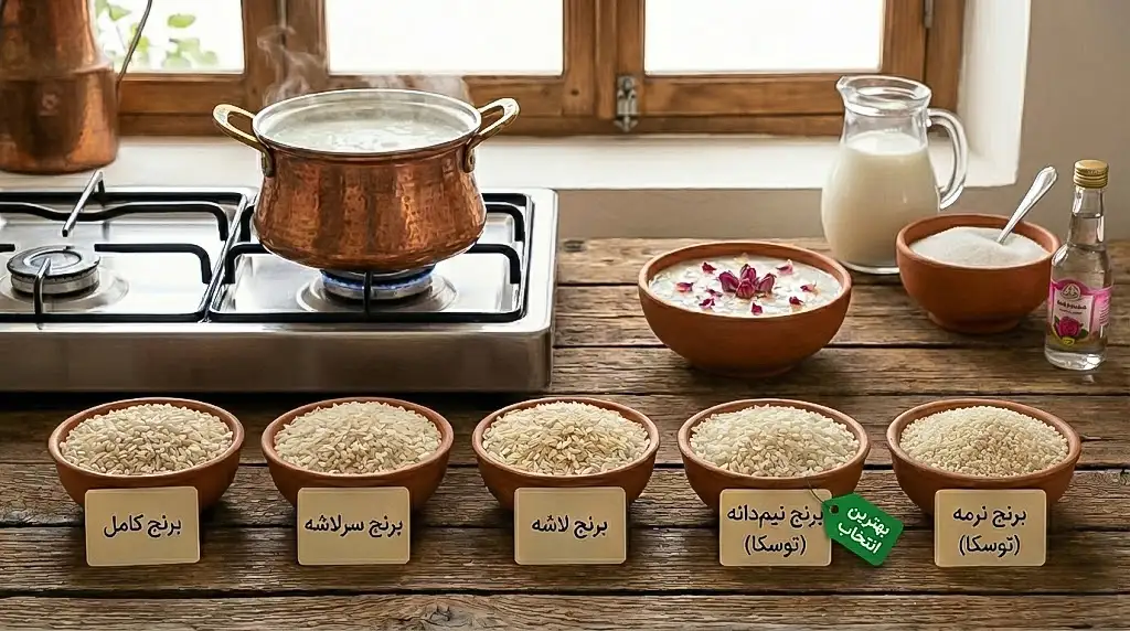 مقایسه انواع برنج برای شیر برنج و انتخاب برنج نیم‌دانه توسکا به عنوان بهترین گزینه