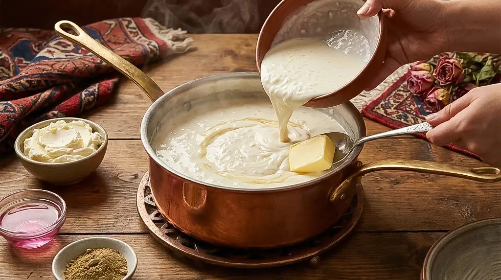 طرز تهیه شیر برنج مجلسی و رستورانی با اضافه کردن خامه به برنج نیم‌دانه برای ایجاد بافت مخملی