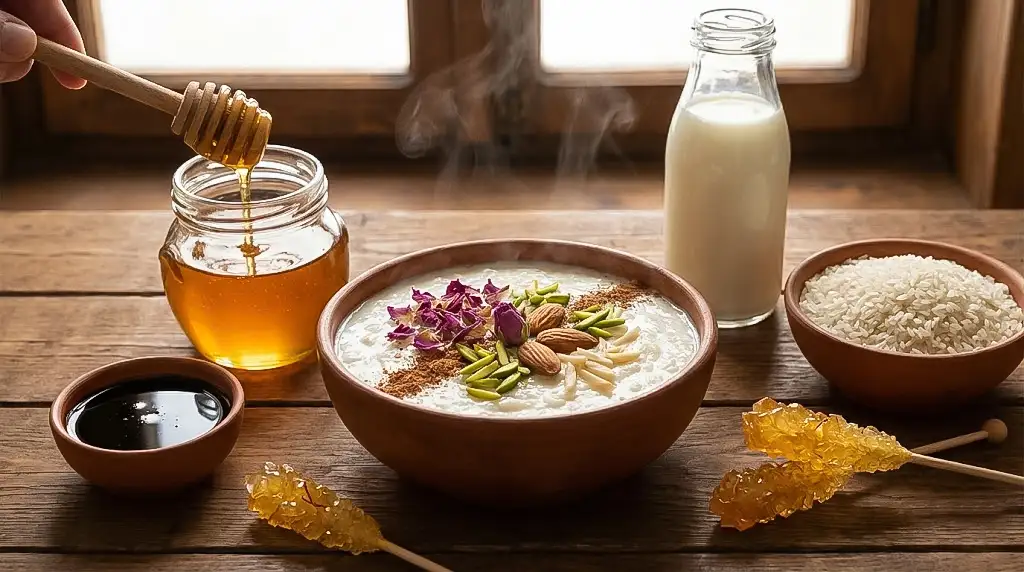 طرز تهیه شیر برنج رژیمی و سالم با استفاده از عسل طبیعی، شیره انگور و برنج نیم‌دانه اصیل ایرانی