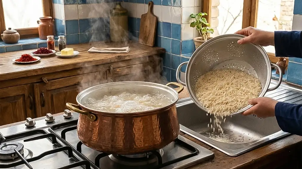 مرحله تخلیه برنج درون آبکش فلزی در طرز تهیه برنج آبکش مجلسی و دانه‌دانه در آشپزخانه سنتی