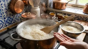 عکس از مراحل پخت برنج آبکش، شامل جوشاندن برنج در قابلمه مسی و تست دانه‌های برنج در کف دست.