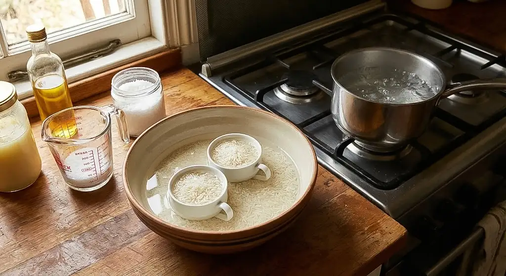 مواد لازم و مرحله خیساندن برنج با پیمانه استاندارد در کاسه آب کنار قابلمه آب جوش و روغن برای طرز تهیه برنج آبکش ۲ نفر