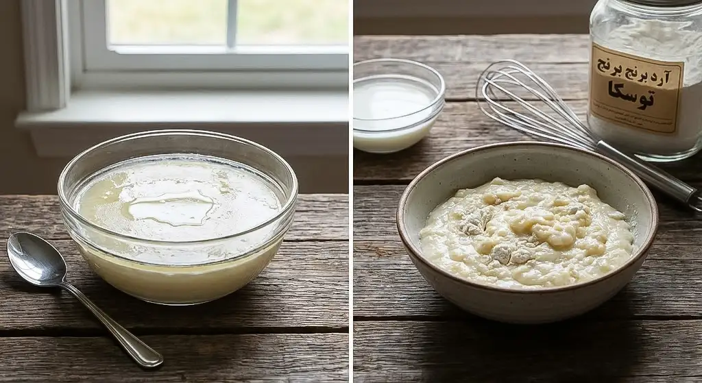 بررسی دلایل آب انداختن و گلوله شدن در طرز تهیه فرنی با آرد برنج و نقش آرد خالص