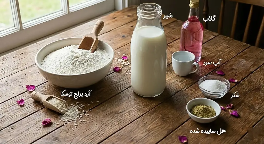 مواد لازم برای طرز تهیه فرنی با ارد برنج برای ۴ نفر شامل آرد برنج خالص، شیر و طعم‌دهنده‌ها