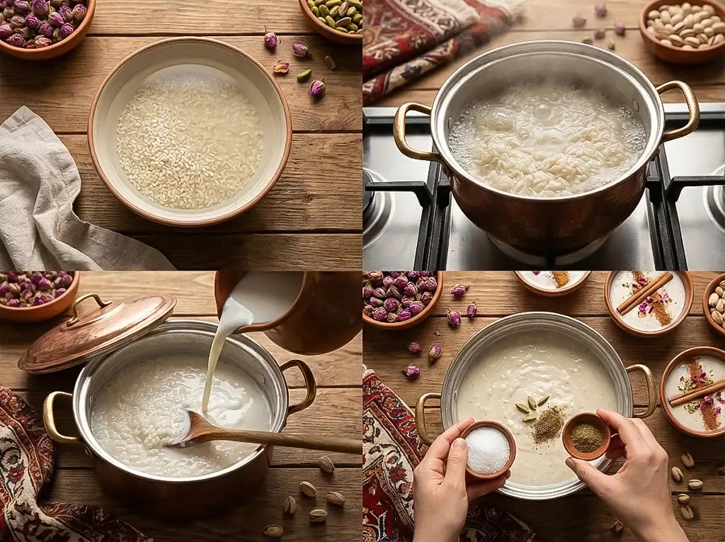 راهنمای تصویری ۴ مرحله اصلی پخت شیر برنج مجلسی با برنج نیم‌دانه؛ از خیساندن تا سرو نهایی