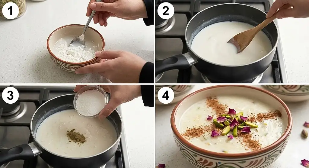 آموزش تصویری و مرحله به مرحله طرز پخت فرنی با شیر و آرد برنج