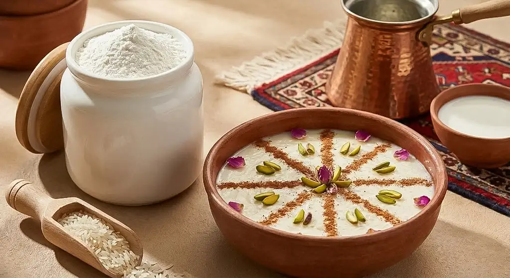 طرز تهیه فرنی با آرد برنج و شیر به همراه تزیین مجلسی