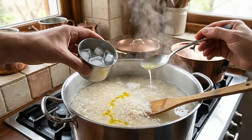 اضافه کردن همزمان شوک یخ و آبلیمو به قابلمه برنج در حال جوش برای جلوگیری از شفته شدن و قد کشیدن در طرز تهیه برنج آبکش